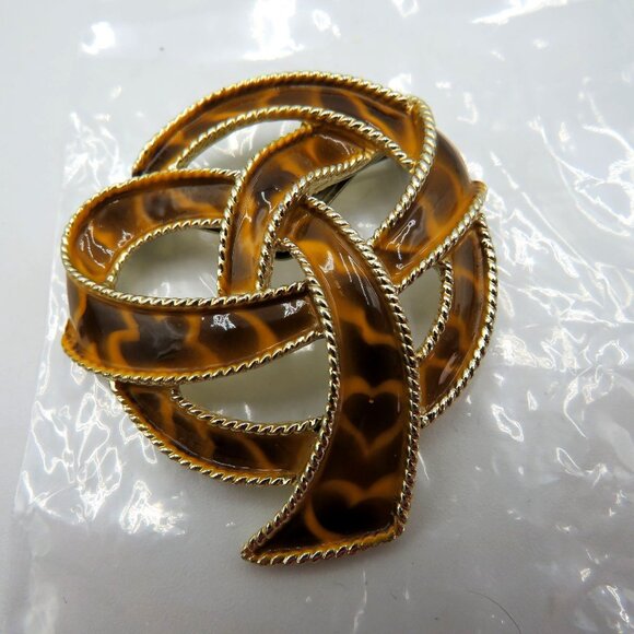Vintage Brooch Imitation Tortoiseshell  Enamel Gold Tone Knot 2" Pin - Picture 7 of 7